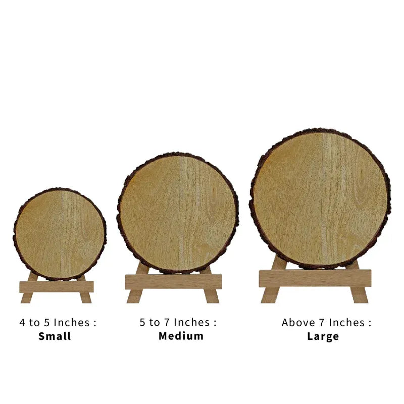 Three wooden slices on stands with size labels below.