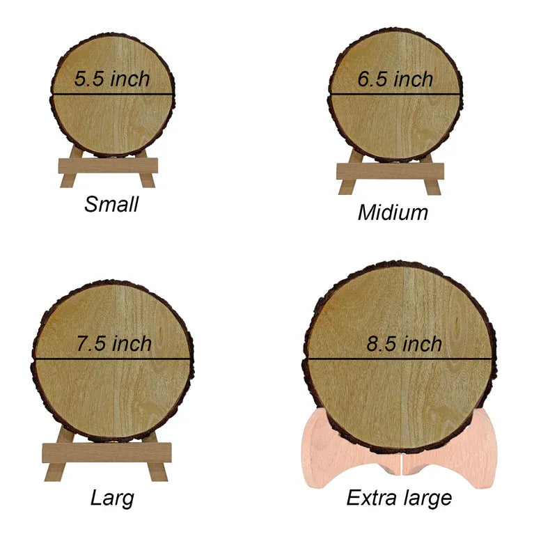 Comparison chart of wooden platters in small, medium, large, and extra large sizes with measurements.
