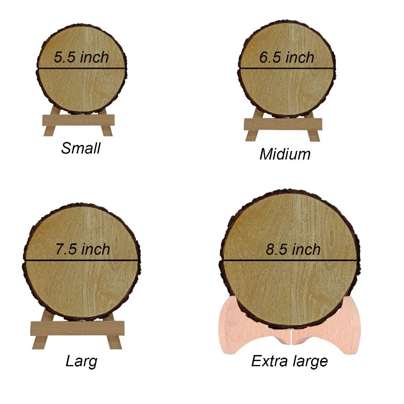 Comparison chart of wooden platters in small, medium, large, and extra large sizes with measurements.