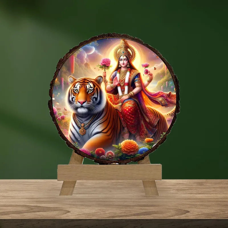 Decorative plate with a tiger and a person on a wooden stand against a green background