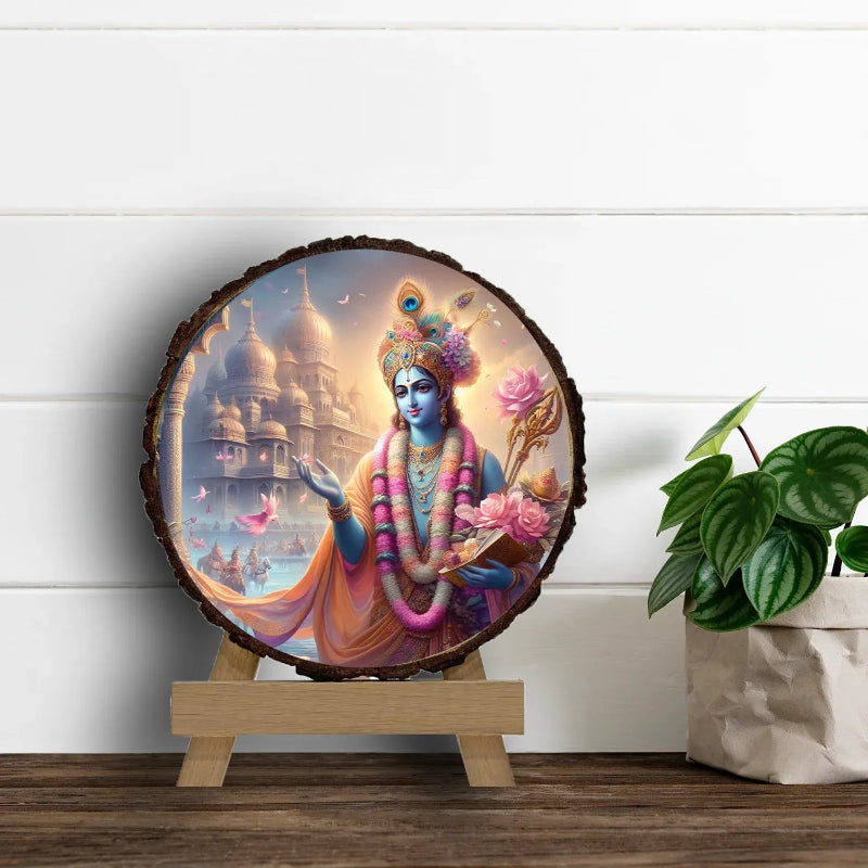 Decorative piece with a colorful depiction of a deity on a wooden stand, set against a white wall with a plant in the corner.