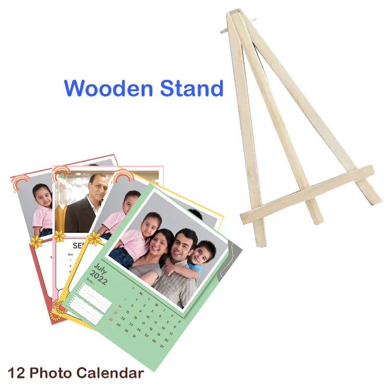 Wooden stand with a 12 photo calendar featuring family photos on a white background.