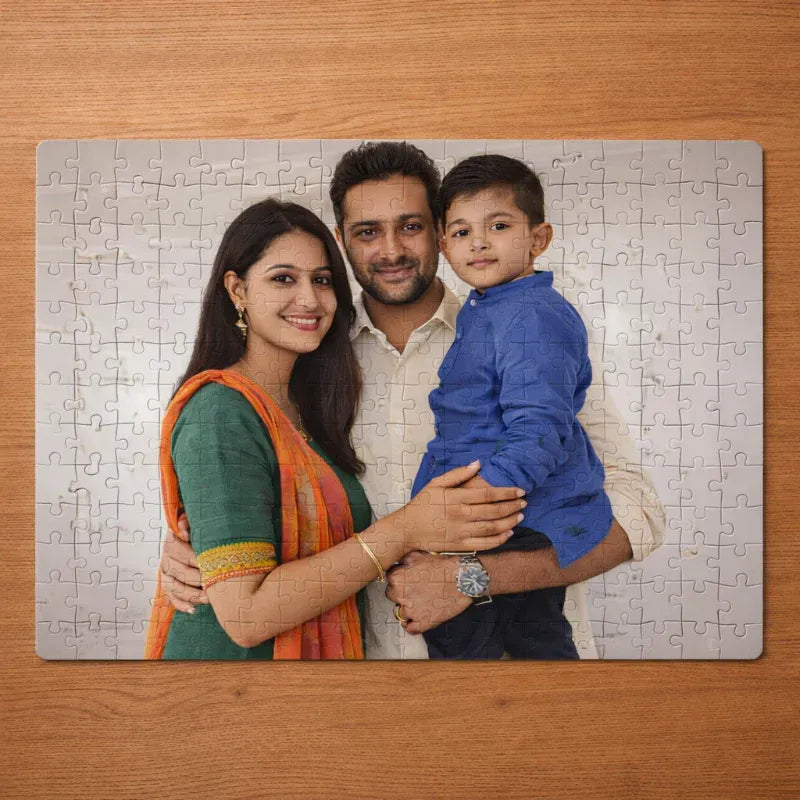 Jigsaw puzzle with a family photo on a wooden surface