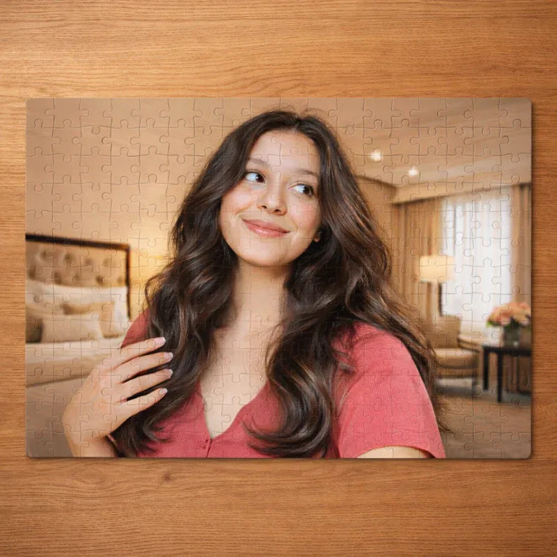 Jigsaw puzzle with a woman's face on a wooden surface
