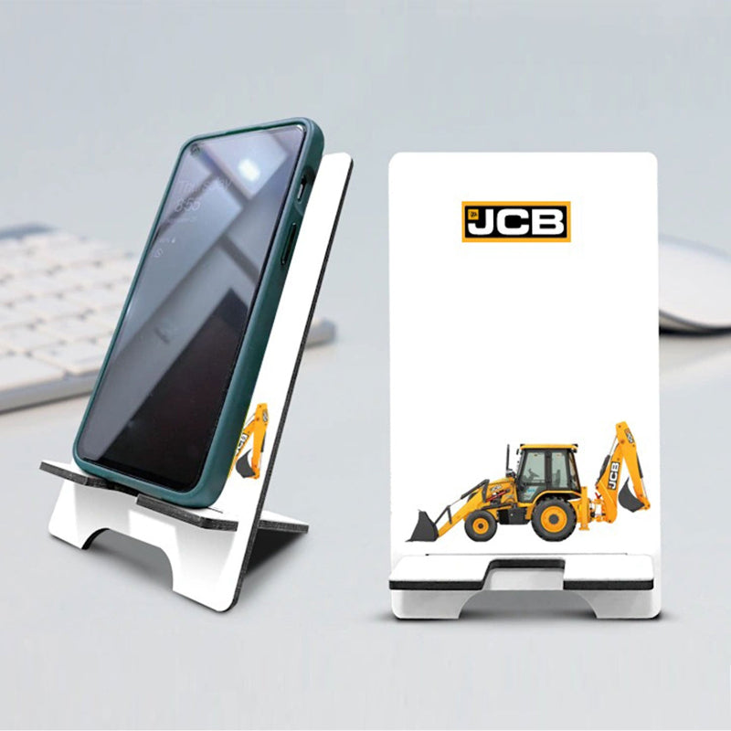 A white JCB brand phone stand with a non-slip base, adjustable angles, and a compact design, displayed with a mobile phone resting on it.