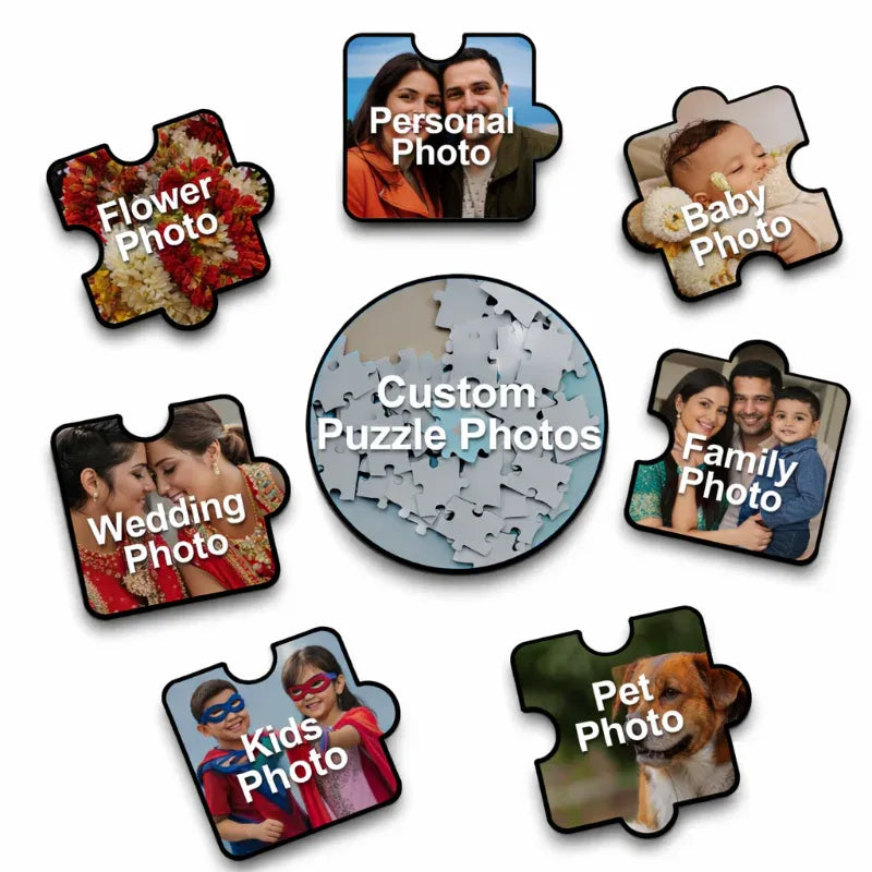 Collection of custom photo jigsaw puzzle pieces with various images and text labels on a white background.