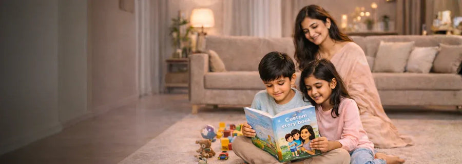 Mother reading a personalized custom story book with her two children at home, kids enjoying a story featuring illustrated characters that resemble their family